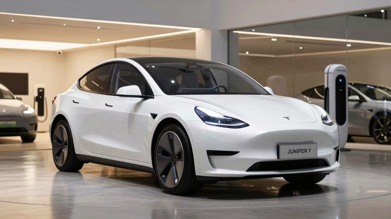 Carro elétrico Tesla Model 3 branco estacionado num showroom moderno com estação de carregamento.