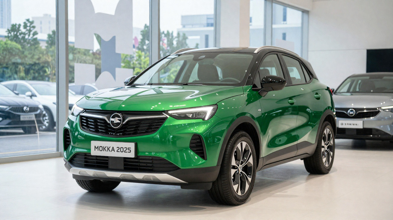Carro SUV Opel Mokka 2025 de cor verde exposto numa sala de exposição automóvel moderna.