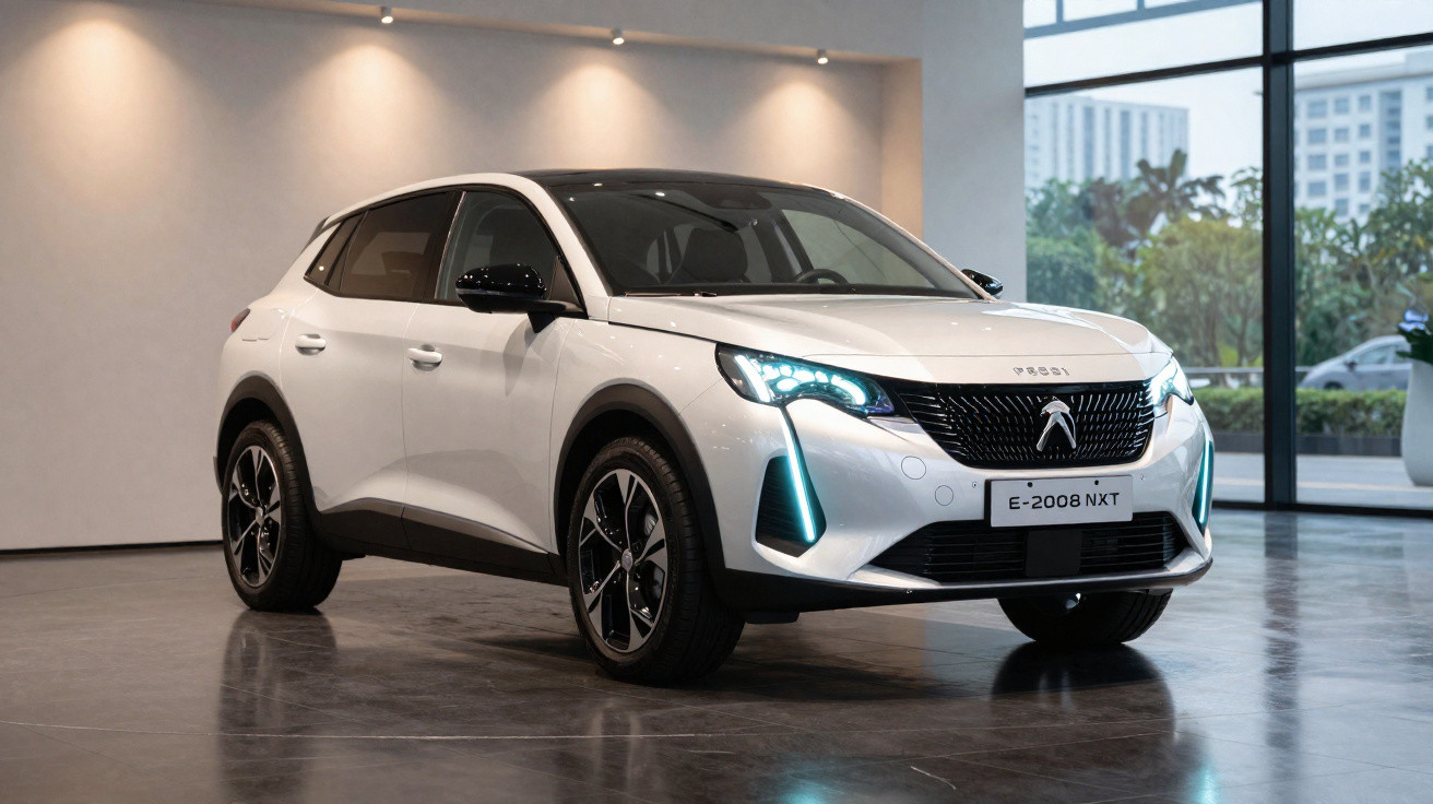 Peugeot elétrico branco modelo E-2008 NXT estacionado dentro de uma sala moderna com iluminação suave.