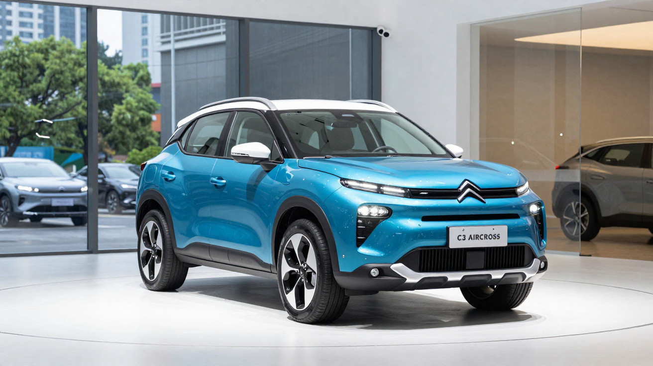 Automóvel Citroën C3 Aircross azul exposto em showroom moderno com grandes janelas.