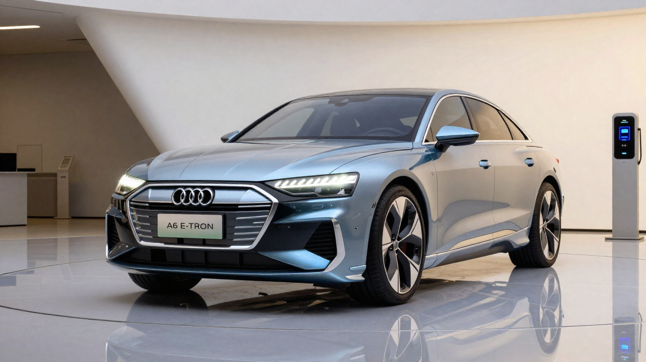 Automóvel Audi A6 E-Tron elétrico prateado exposto em interior moderno com parede branca.