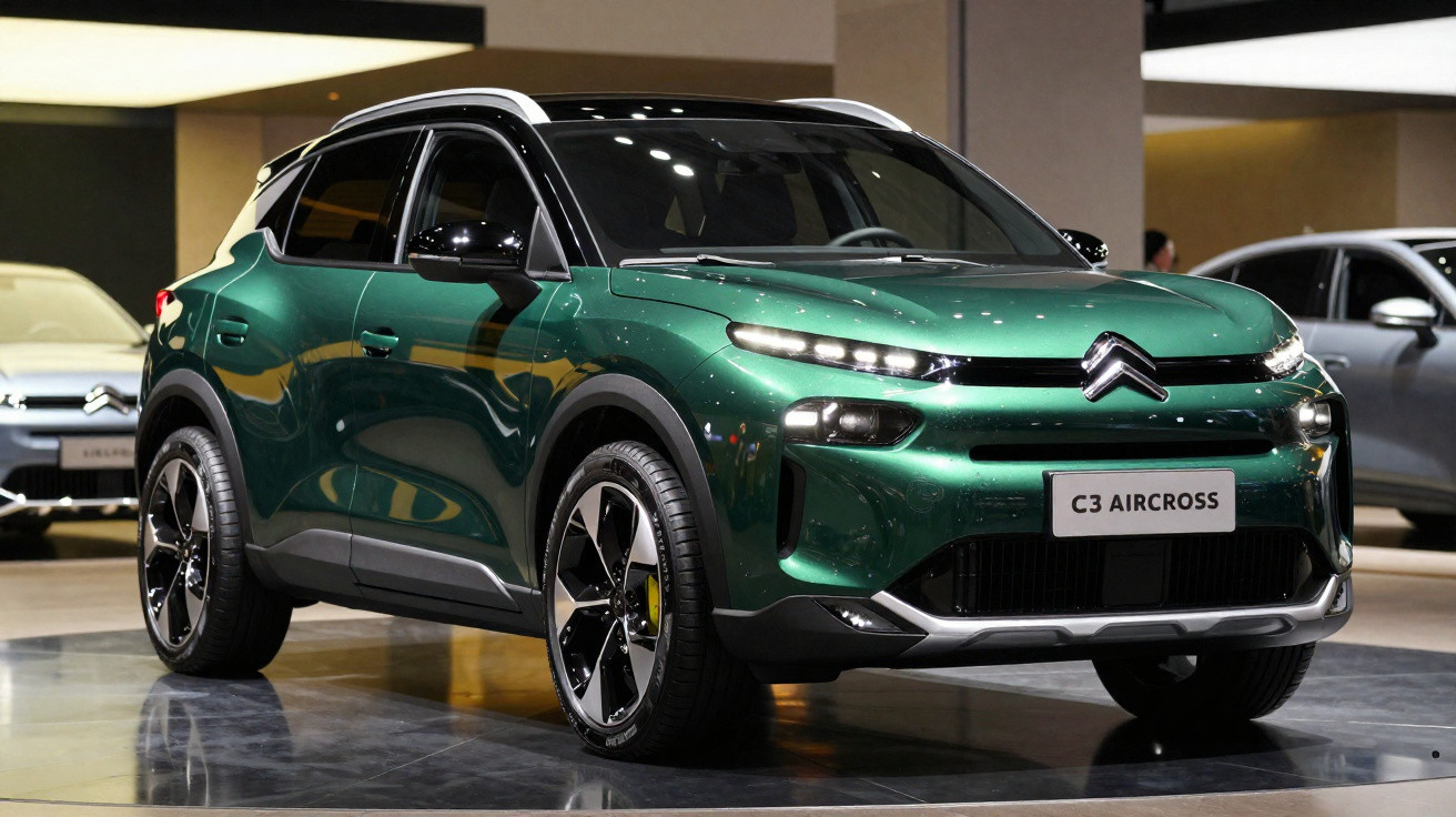Carro Citroën C3 Aircross verde metálico exposto em showroom com iluminação suave.
