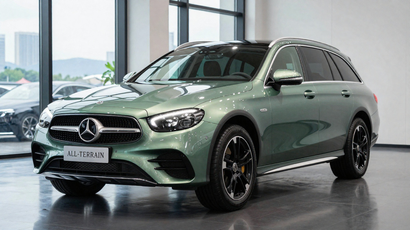 Carro Mercedes-Benz All-Terrain verde metálico estacionado em espaço interior moderno.