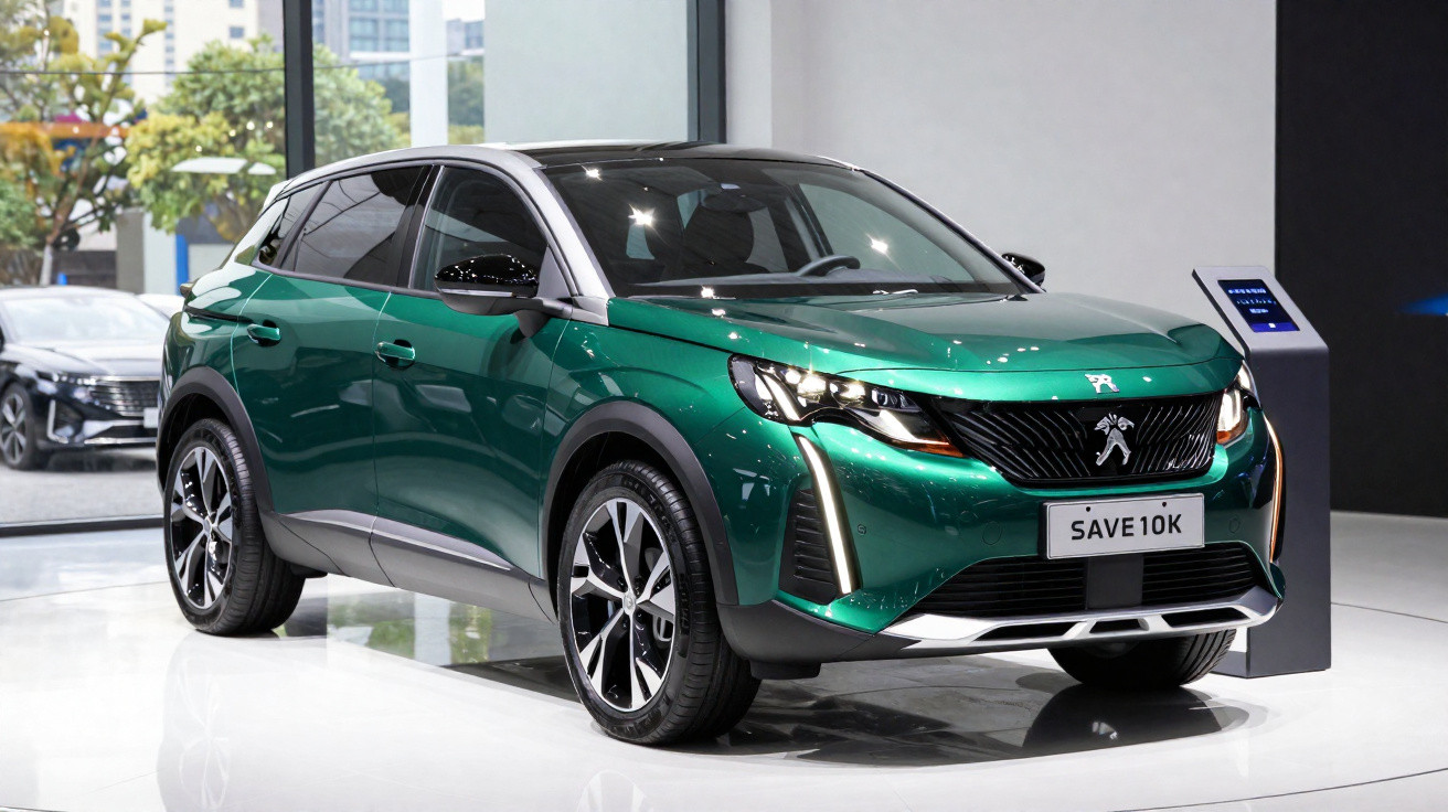 Automóvel Peugeot SUV verde metálico em exposição num salão moderno com janelas grandes.