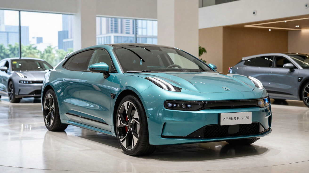 Carro elétrico azul Zeekr PT 2026 em showroom moderno com outros veículos ao fundo.