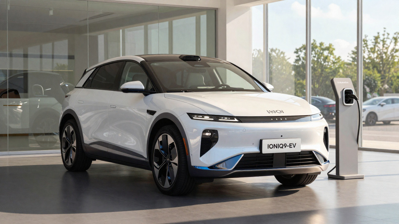 Carro elétrico branco IONIQ 9 em showroom, junto a um carregador de veículos elétricos.