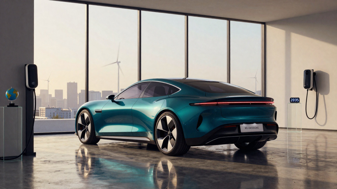 Carro elétrico verde num espaço moderno com janelas grandes e carregadores, com turbinas eólicas ao fundo.