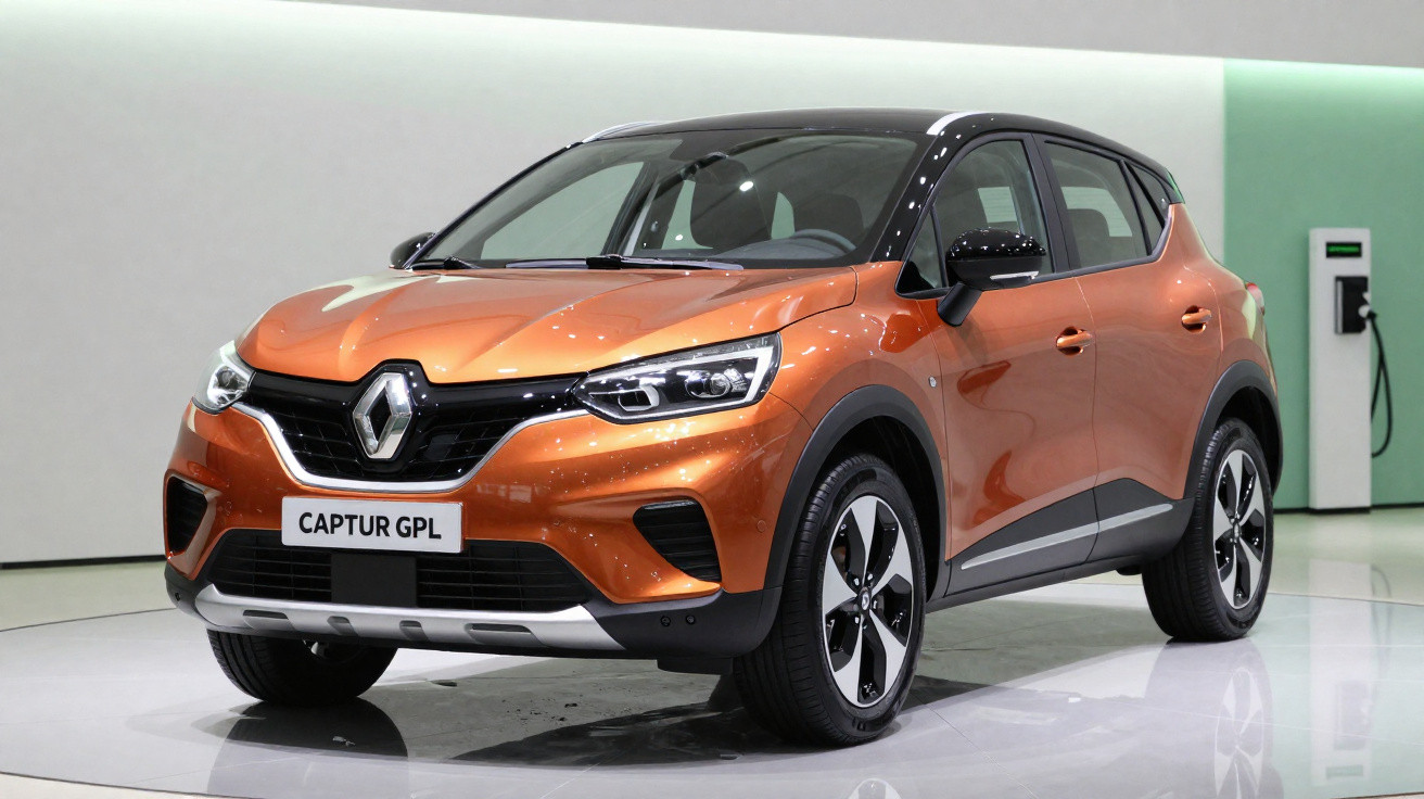 Carro Renault Captur GPL laranja com teto preto, apresentado em exposição moderna e iluminada.