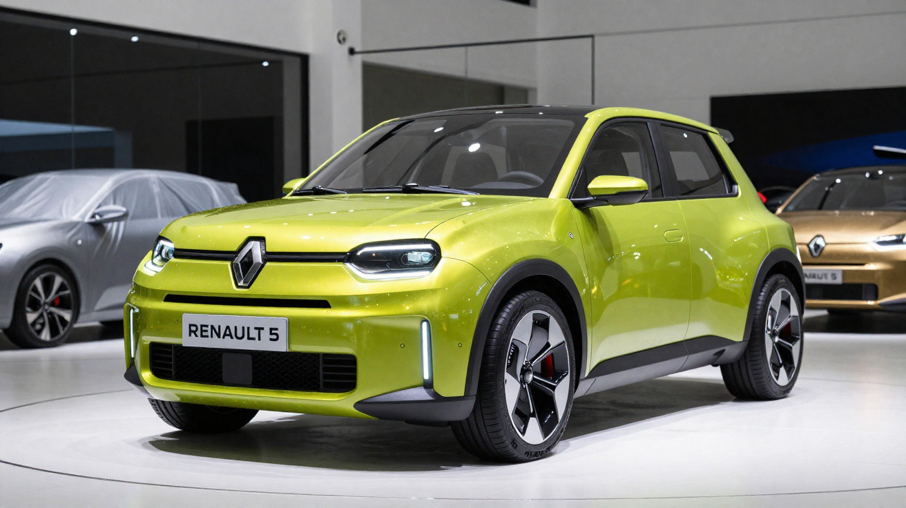 Carro compacto eléctrico Renault 5 verde exposto num salão automóvel moderno.