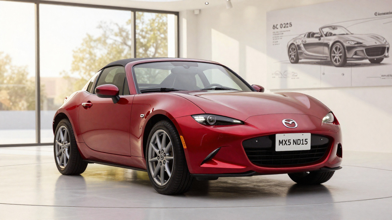 Carro desportivo vermelho Mazda MX-5 exposto numa sala com grandes janelas e luz natural.