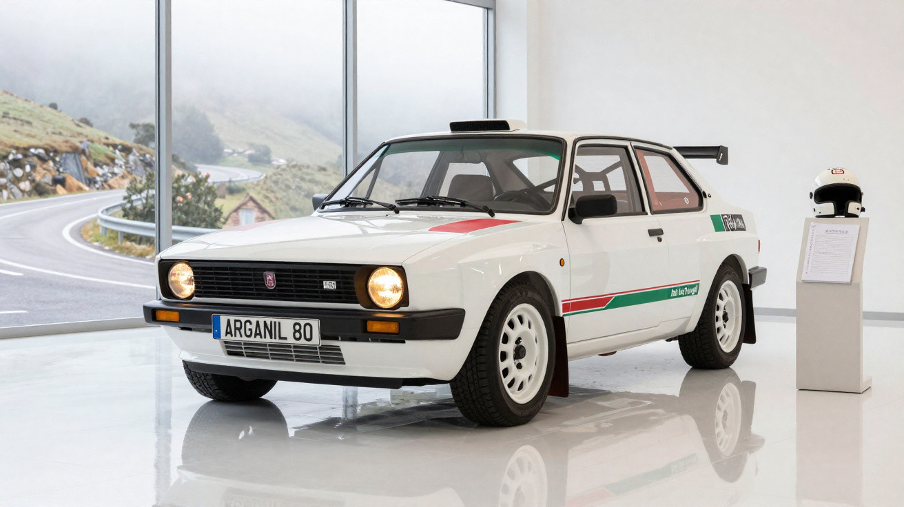 Carro de rali branco com vinil verde e vermelho, exposto em sala com capacete ao lado e janela panorâmica.