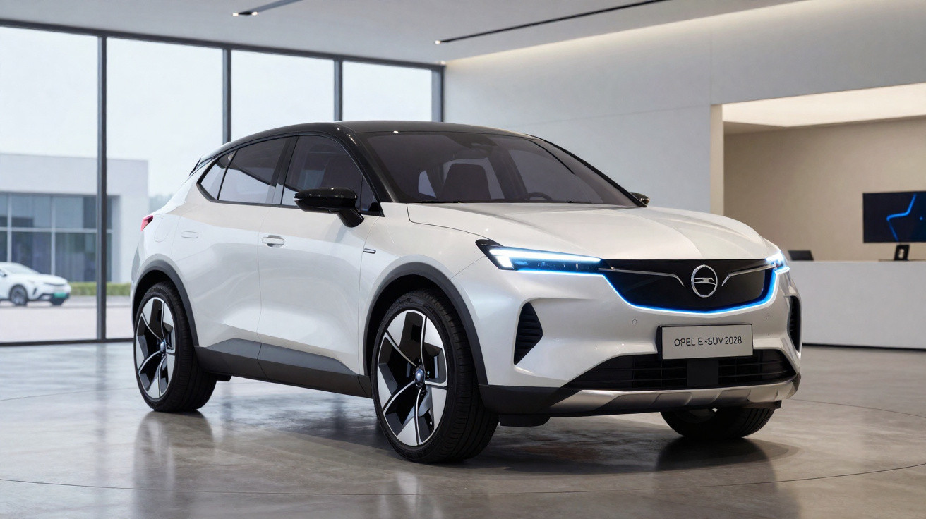 Carro elétrico Opel E-SUV 2028 branco estacionado num salão moderno com janelas amplas.