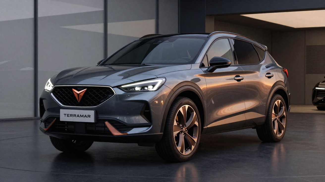 Carro SUV cinzento escuro Cupra Terramar estacionado em espaço interior moderno com iluminação suave.