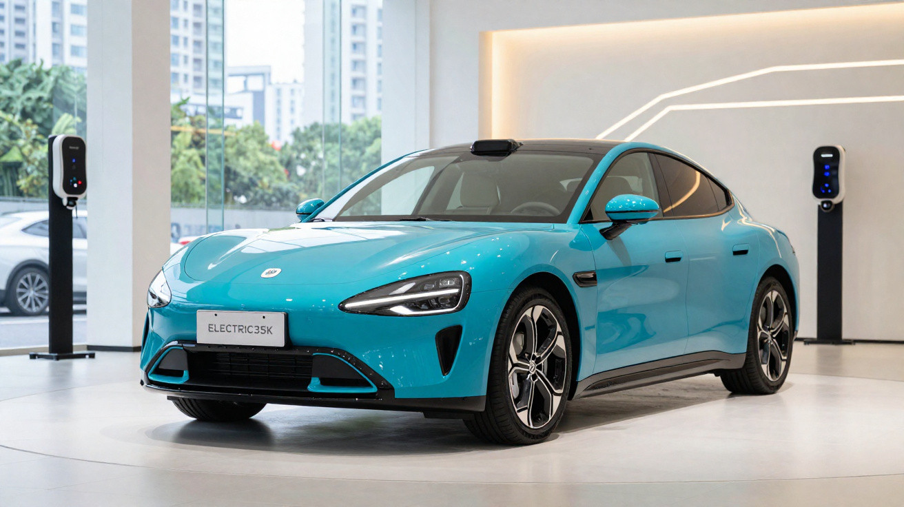 Carro elétrico azul brilhante estacionado numa sala moderna com carregadores eléctricos nas laterais.
