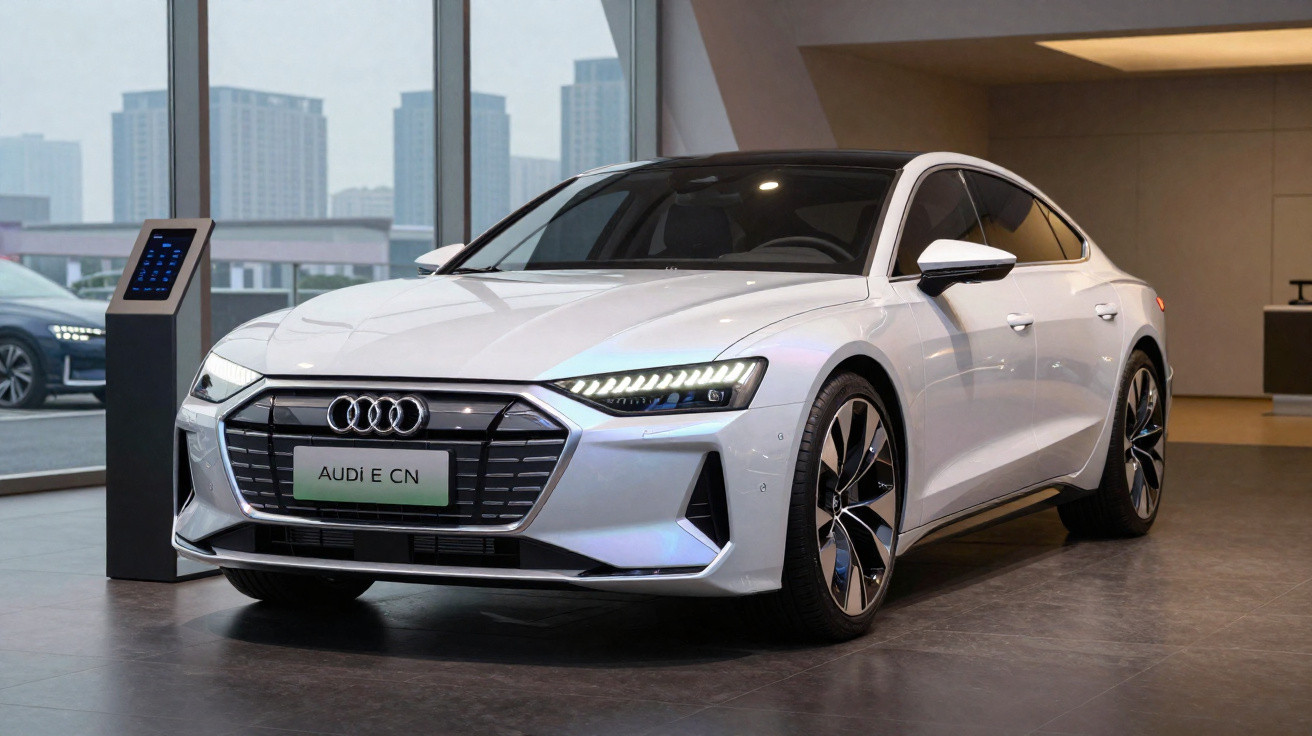 Carro elétrico Audi E CN branco exposto num salão com iluminação ambiente moderna.