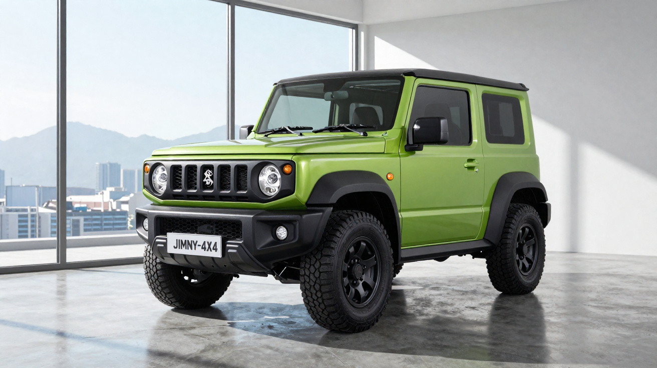 Veículo todo-o-terreno verde Suzuki Jimny 4x4 estacionado em interior com grandes janelas e vista urbana.