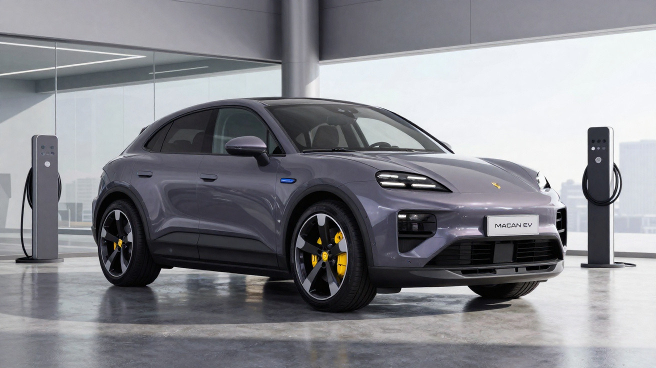 Carro elétrico Porsche Macan EV cinzento estacionado numa estação de carregamento moderna e iluminada.