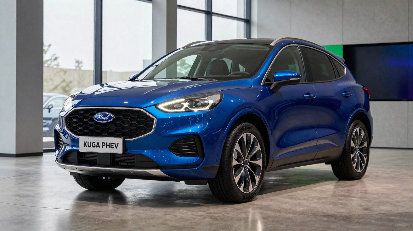 Carro SUV azul Ford Kuga PHEV estacionado em espaço interior com chão cinzento e janelas grandes.