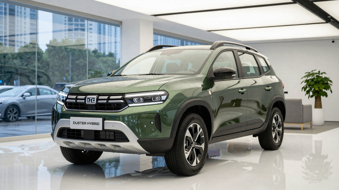 Carro SUV Dacia Duster Hybrid verde numa apresentação em showroom moderno com chão branco.