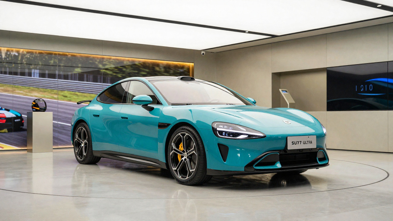 Carro elétrico desportivo azul exposto numa sala moderna com ecrãs digitais ao fundo.