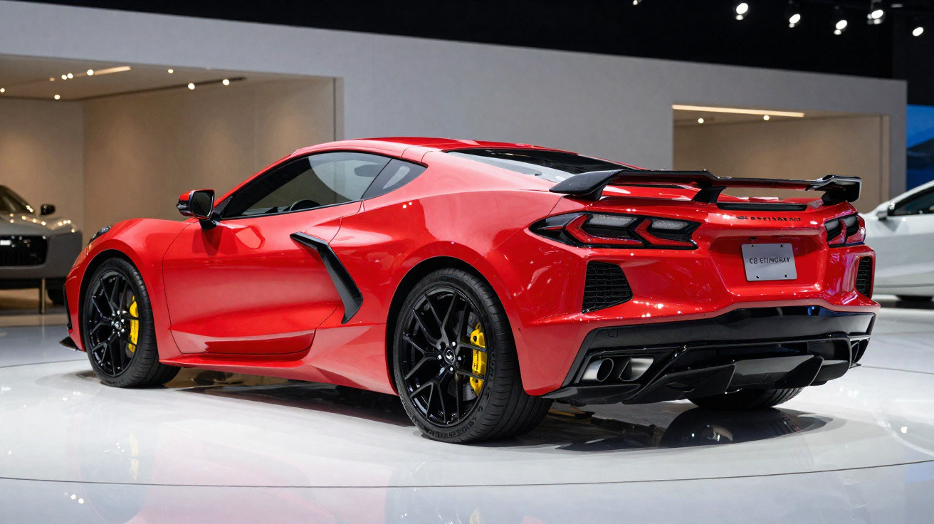 Carro desportivo vermelho com detalhes pretos e travões amarelos em exposição interior moderna.