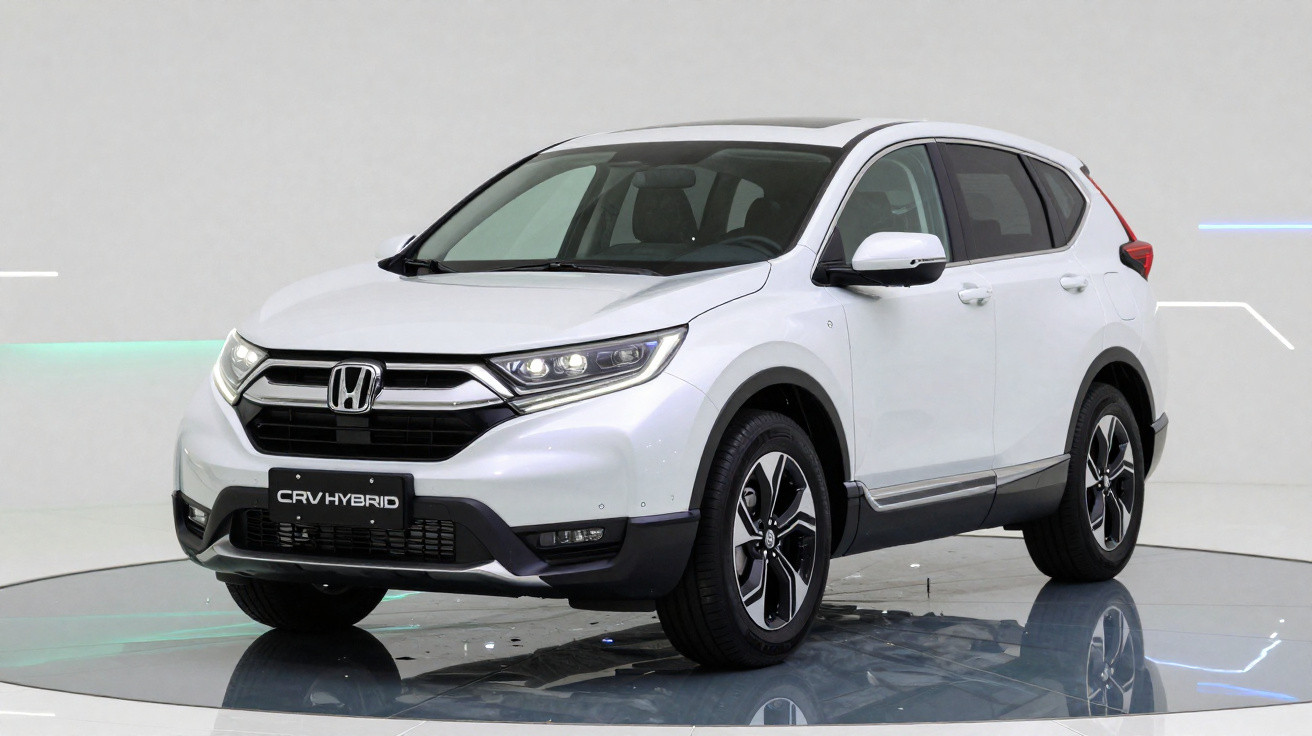 Carro Honda CR-V Hybrid branco estacionado em estúdio com fundo cinza claro.