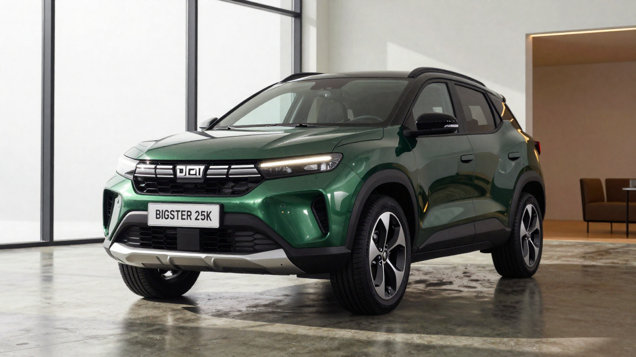 Veículo SUV verde escuro estacionado em sala moderna com chão de cimento polido e paredes claras.