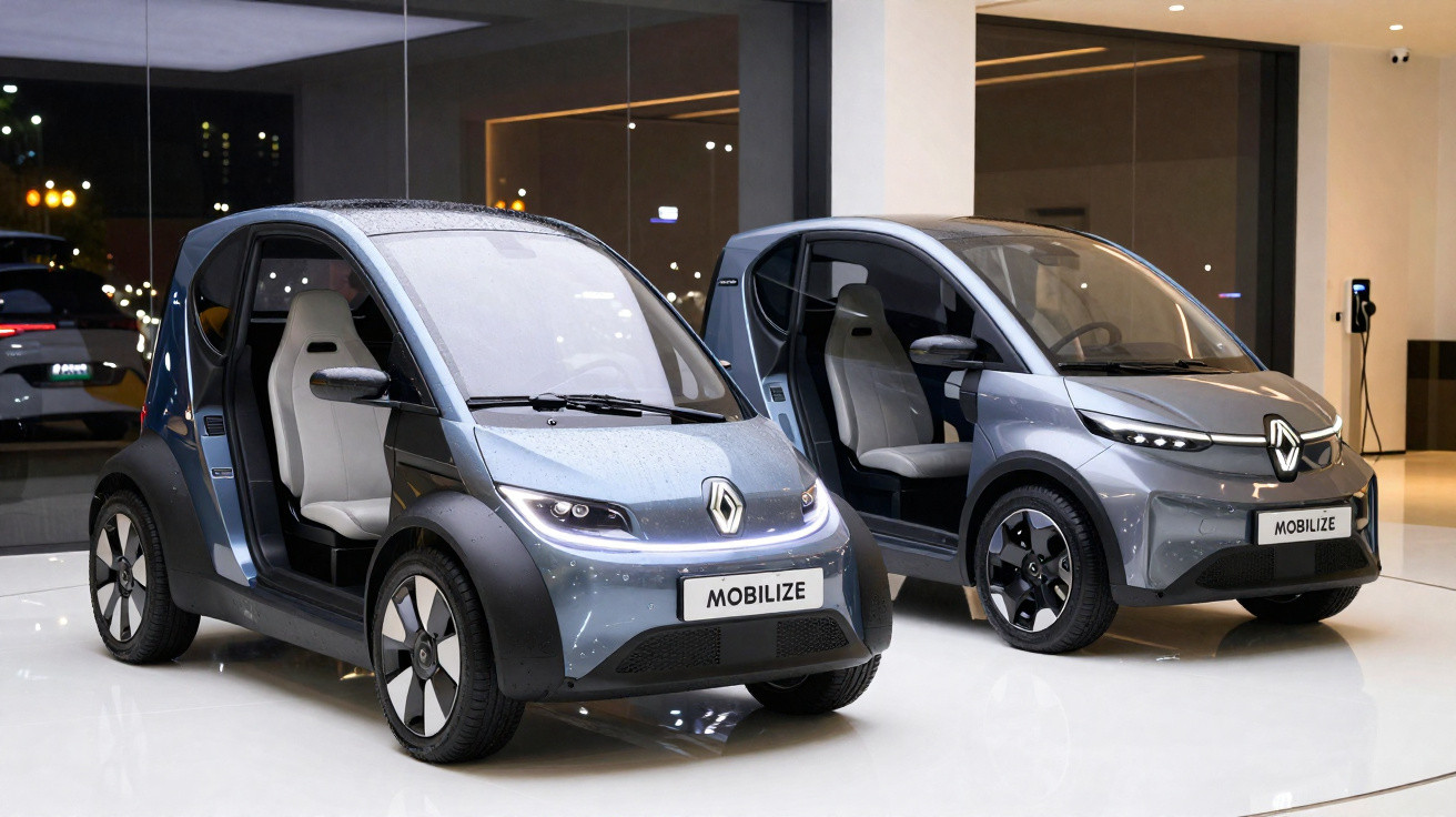 Dois carros elétricos Renault Mobilize cinzentos com portas abertas num ambiente interior moderno.