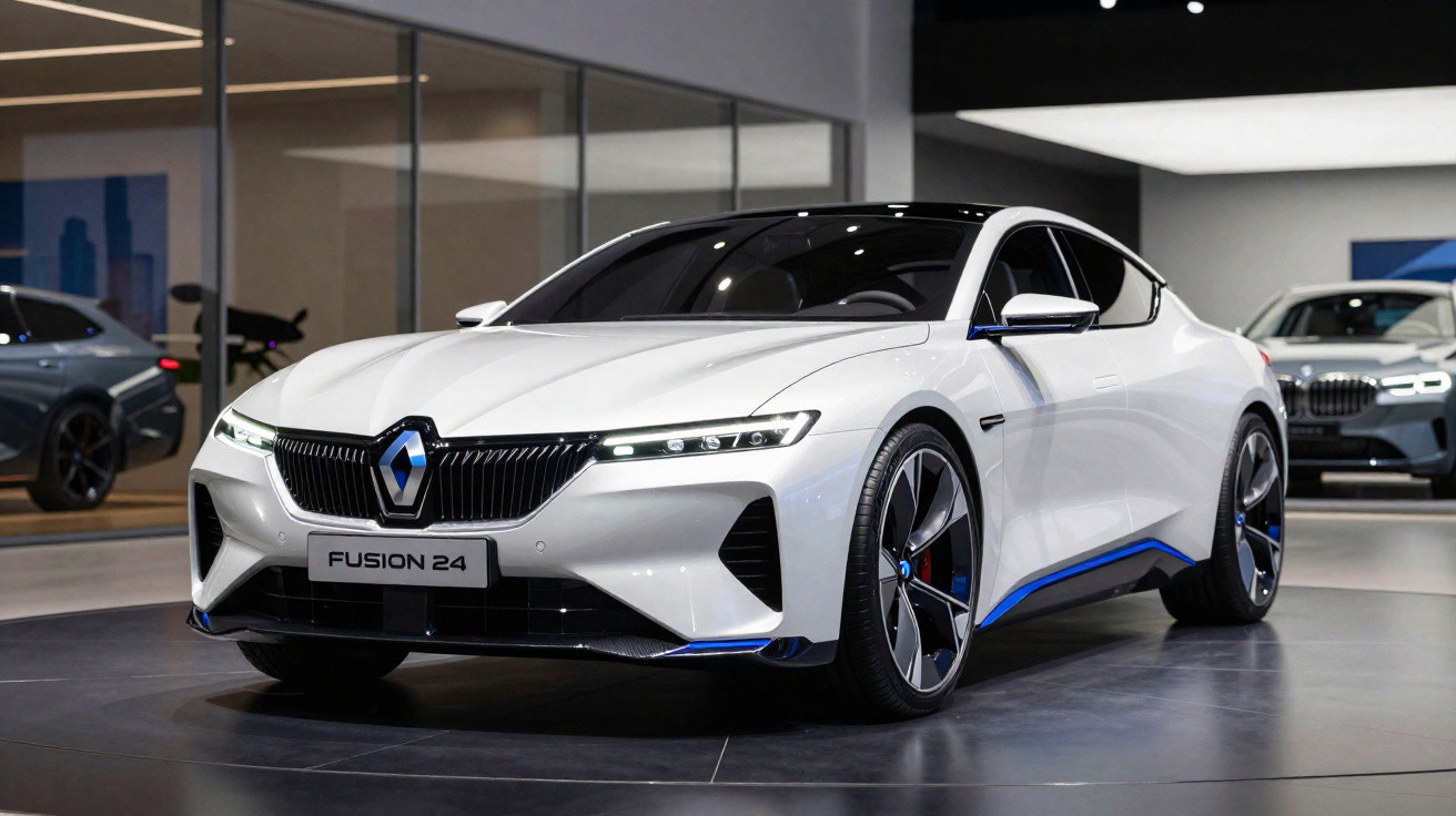 Carro desportivo eléctrico branco Renault Fusion 24 em exposição numa sala moderna com iluminação interior.