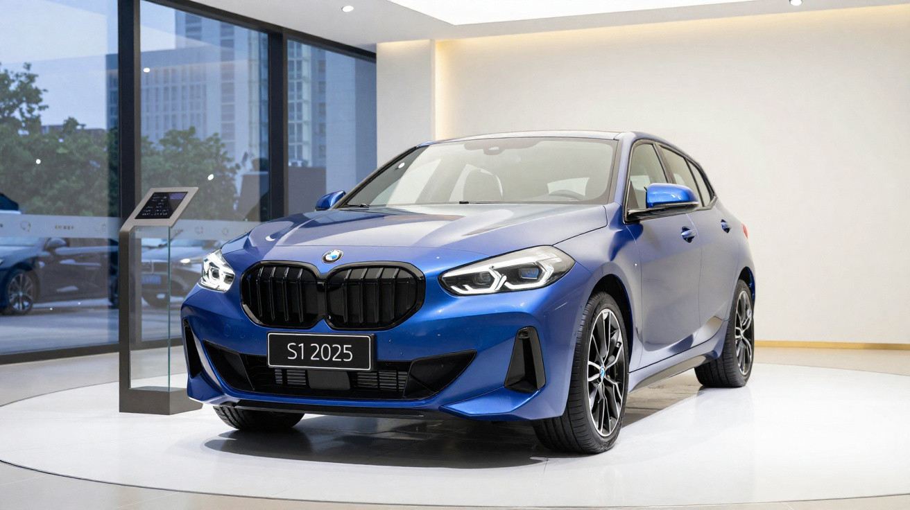 Carro desportivo azul BMW 2025 exibido numa sala moderna com chão branco e grandes janelas de vidro.