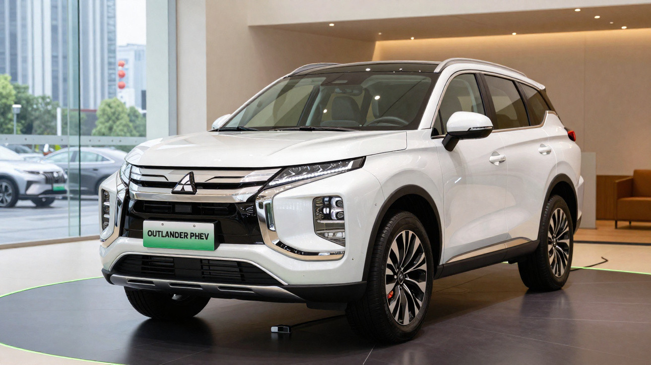 Carro SUV Mitsubishi Outlander PHEV branco exibido numa sala moderna com janelas amplas.