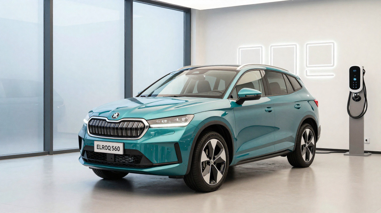 Carro elétrico azul Škoda Enyaq Elroq 560 estacionado junto a estação de carregamento interior.