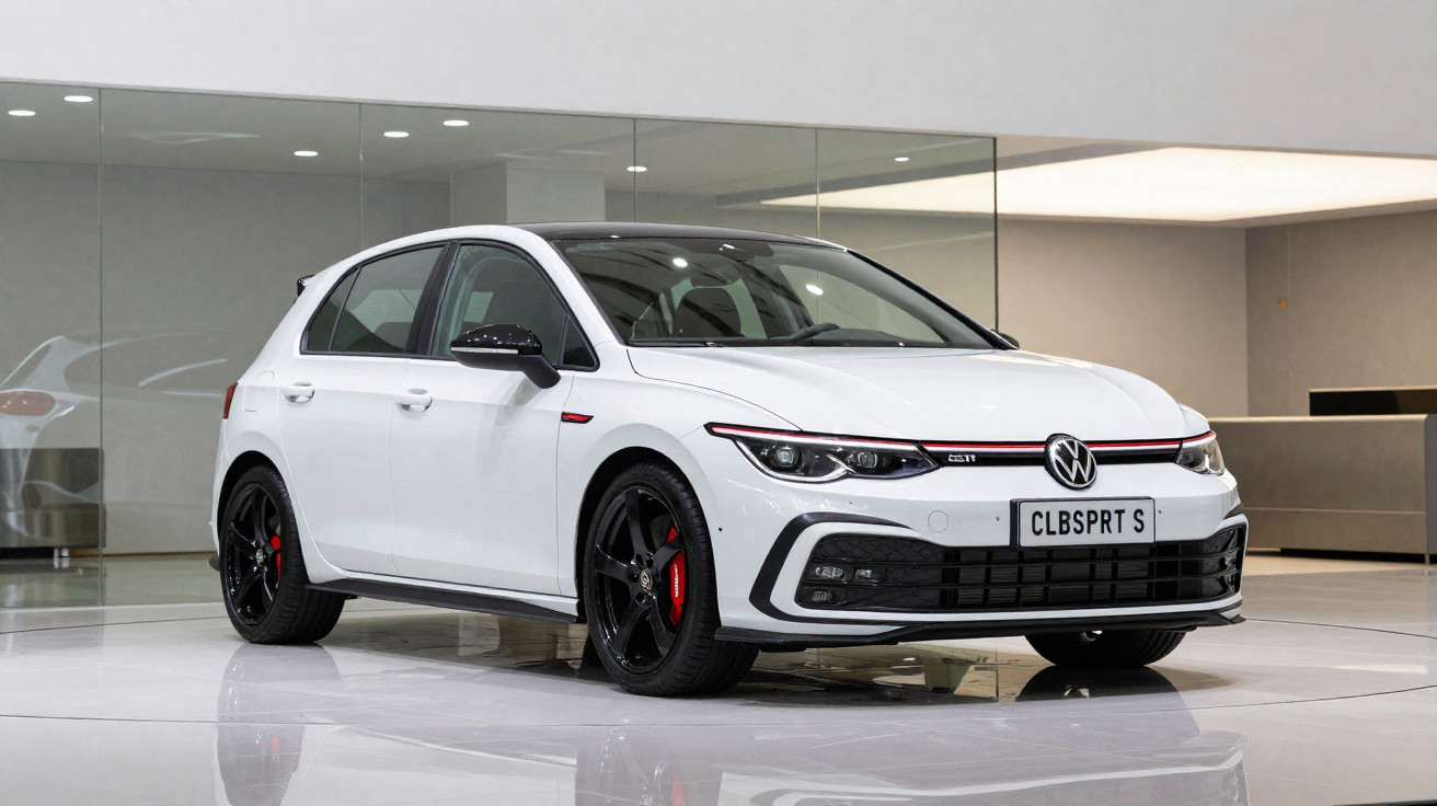 Carro branco Volkswagen Golf GTI estacionado em interior moderno com piso espelhado.