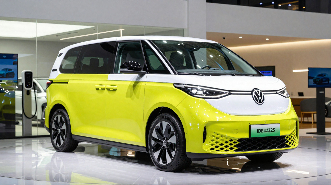 Veículo Volkswagen elétrico ID Buzz 2025 bicolor amarelo e branco, estacionado em exposição interior.