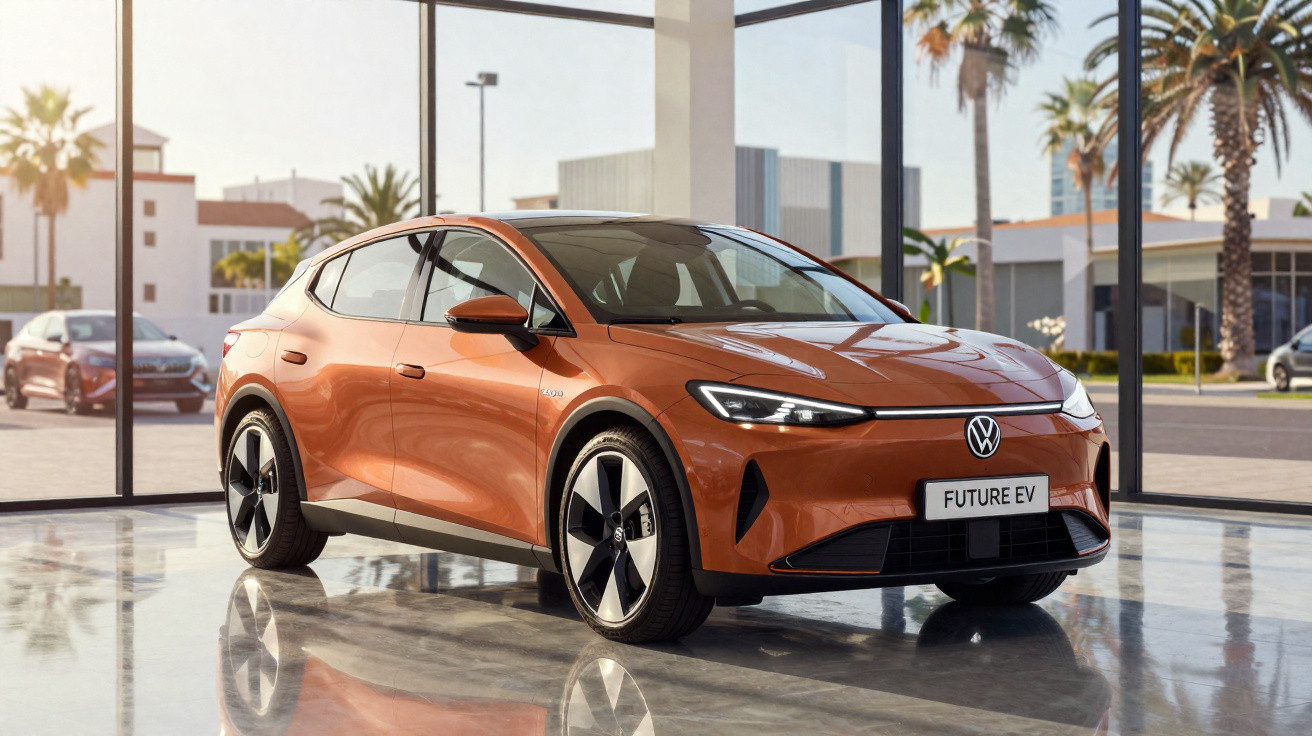 Carro elétrico Volkswagen future EV em tom laranja numa sala com grandes janelas e luz natural.