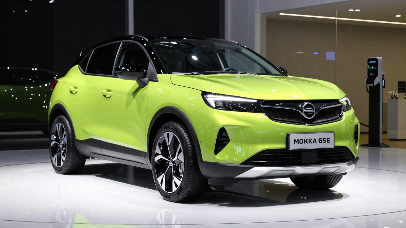 Carro elétrico Opel Mokka GSE verde lima com tejadilho preto exposto em plataforma branca.
