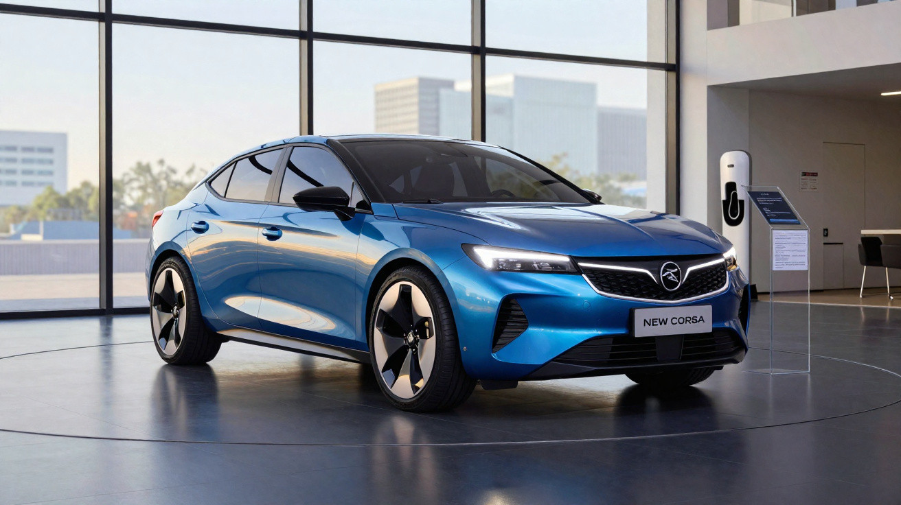 Carro elétrico azul Opel New Corsa exposto numa sala moderna com janelas amplas e carregador ao lado.