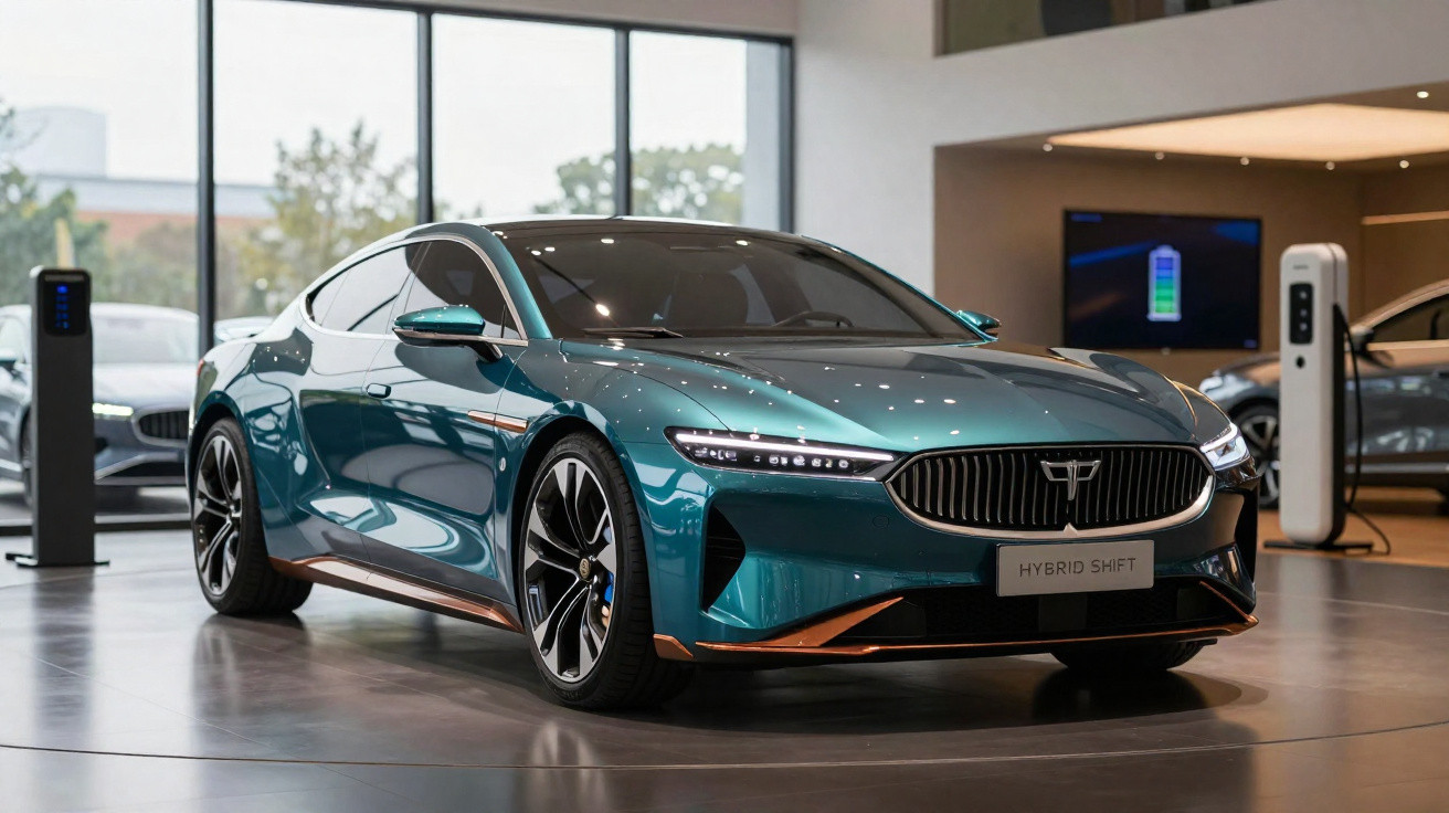 Carro elétrico azul metálico estacionado numa sala de exposição moderna com carregadores elétricos.