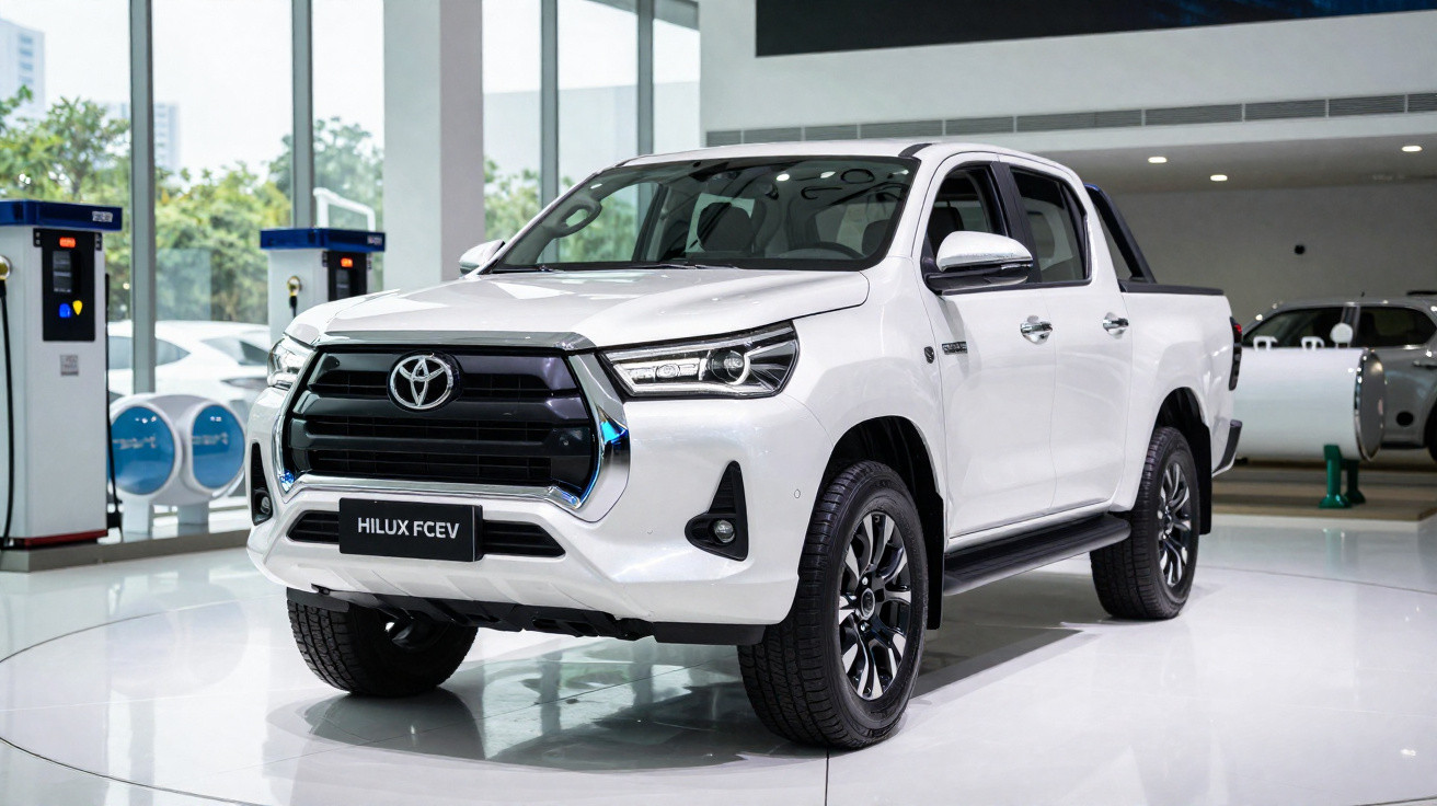 Pick-up Toyota Hilux FCEV branca exposta em stand moderno com carros e postos de carregamento ao fundo.