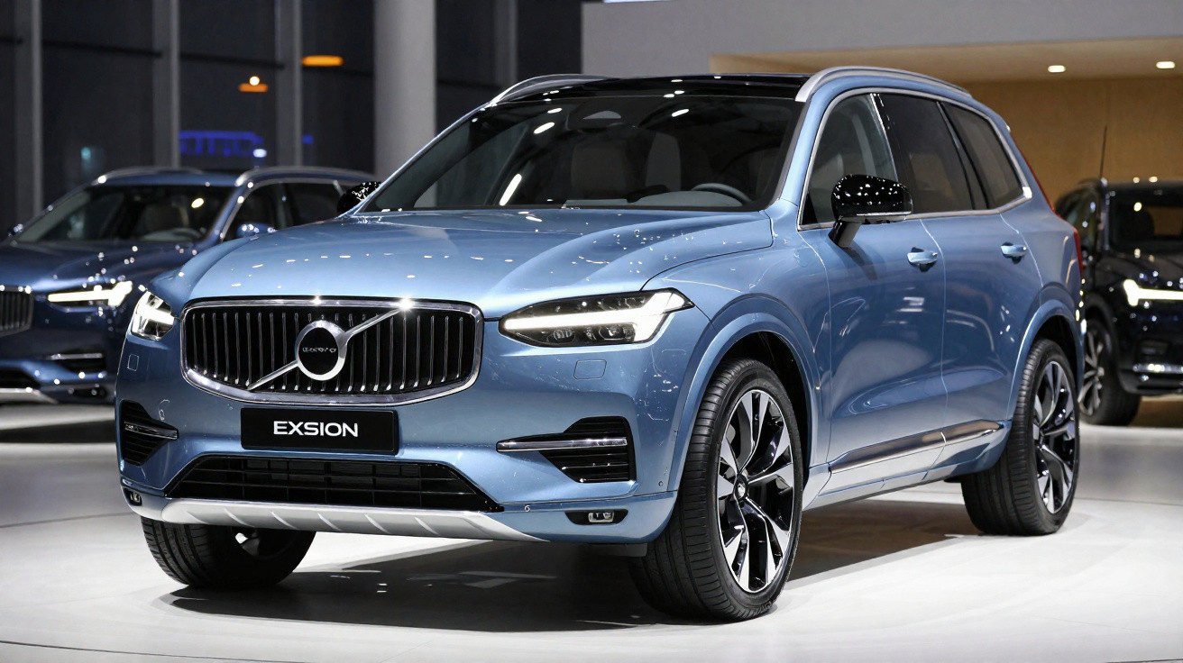 Carro Volvo Exsion azul metálico em exposição, visto de frente e ligeiramente de lado direito.