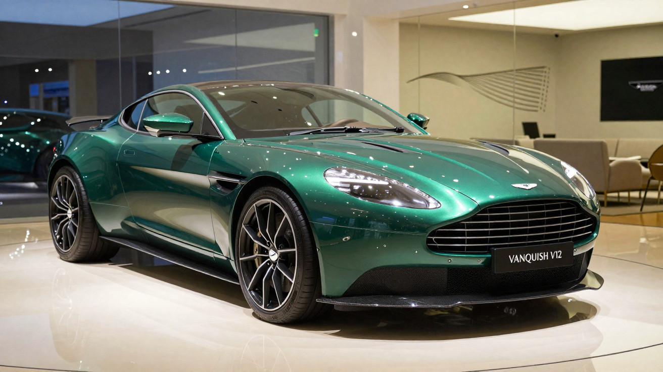 Carro desportivo Aston Martin Vanquish V12 verde exposto em showroom moderno com iluminação suave.
