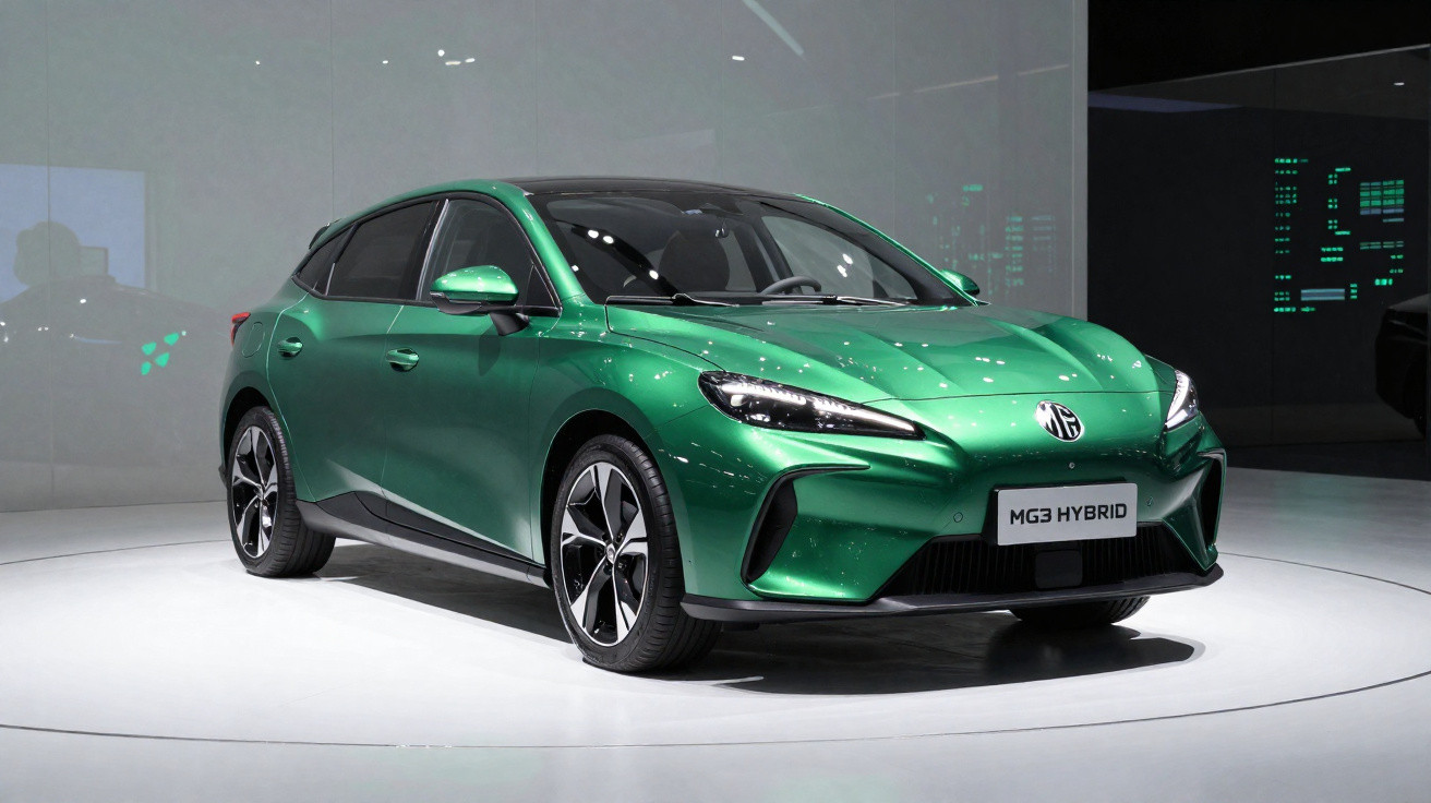 Carro híbrido MG3 verde metálico exposto em ambiente moderno e iluminado.
