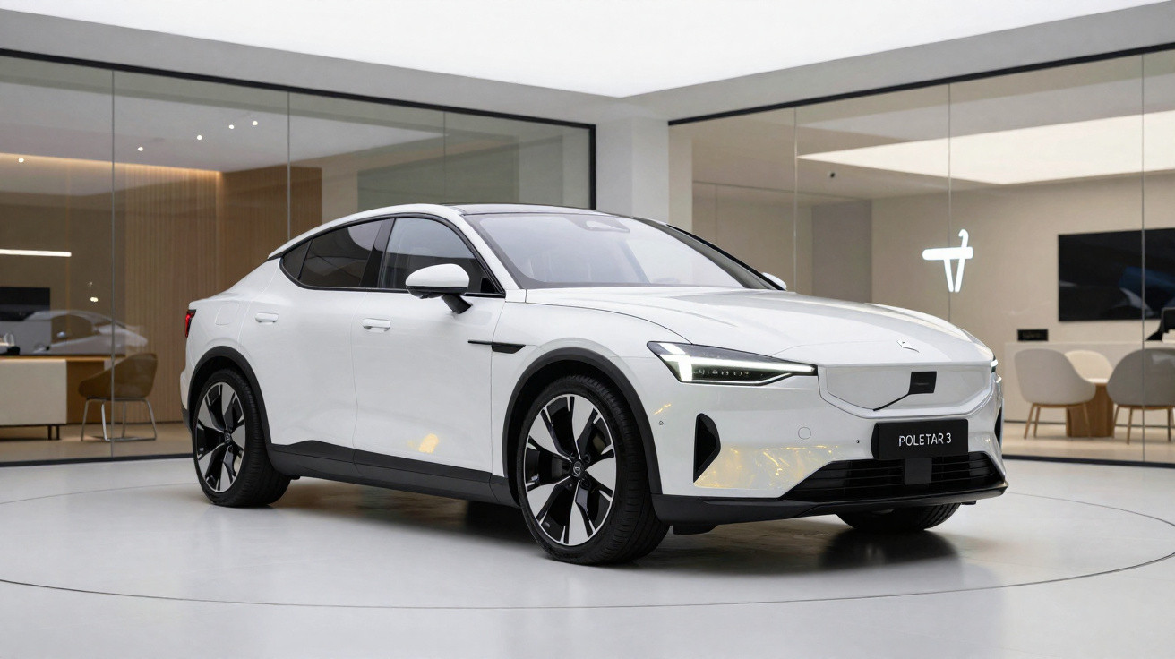 Carro elétrico branco Polestar 3 estacionado em espaço interno moderno com paredes de vidro.