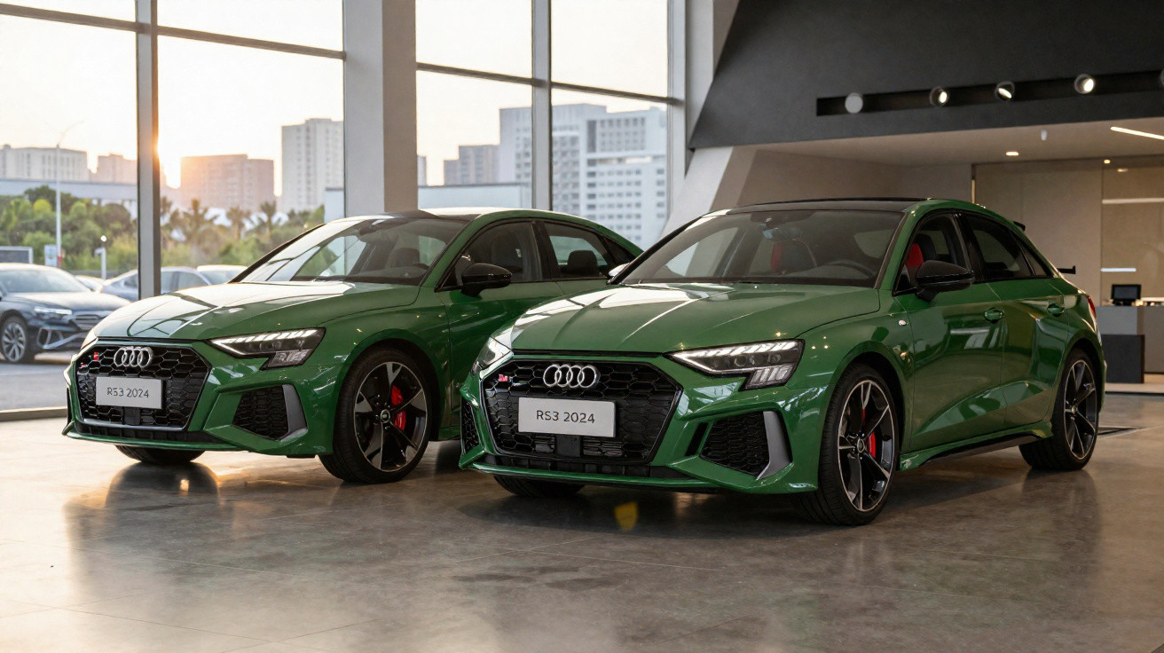 Dois carros Audi RS3 2024 verdes estacionados em salão moderno com luz natural e edifícios ao fundo.