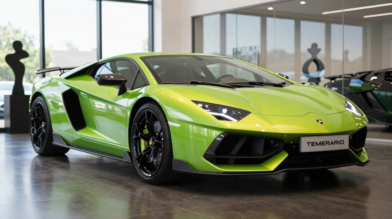 Carro desportivo Lamborghini verde brilhante estacionado em interior moderno com chão de cimento polido.