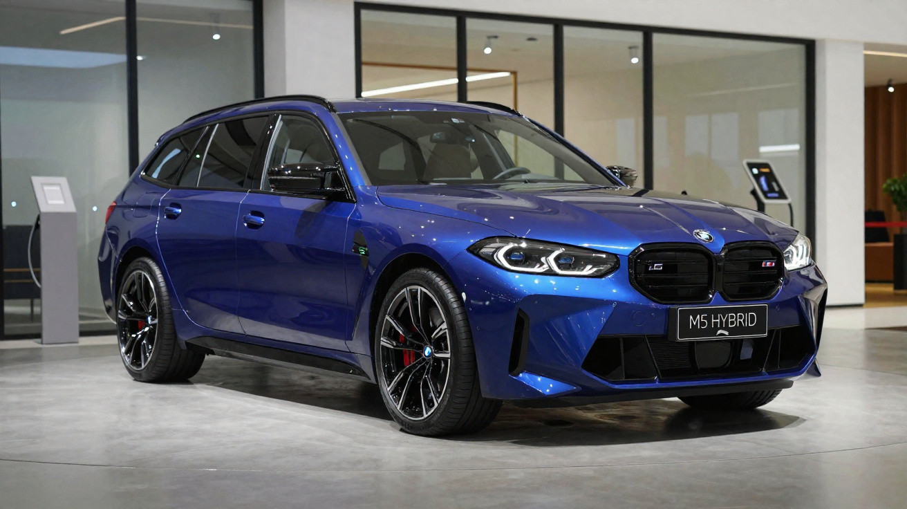 Carro desportivo BMW M5 Hybrid azul estacionado em showroom moderno e iluminado.