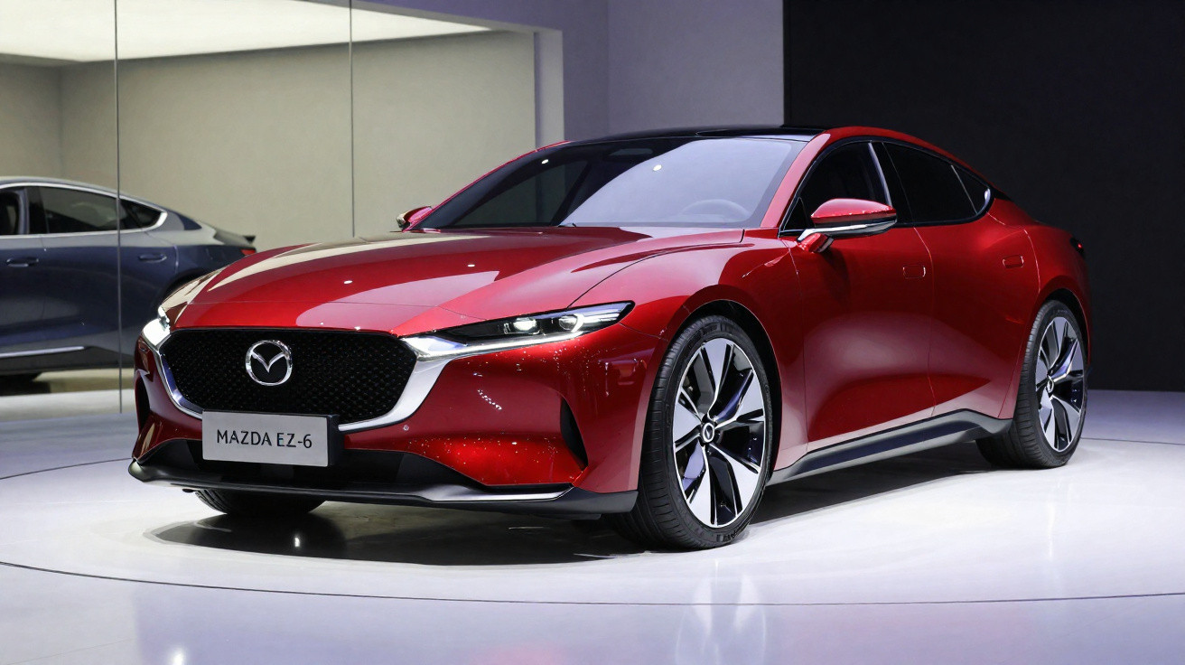 Automóvel Mazda E.Z.-6 vermelho brilhante exposto num salão moderno e minimalista.