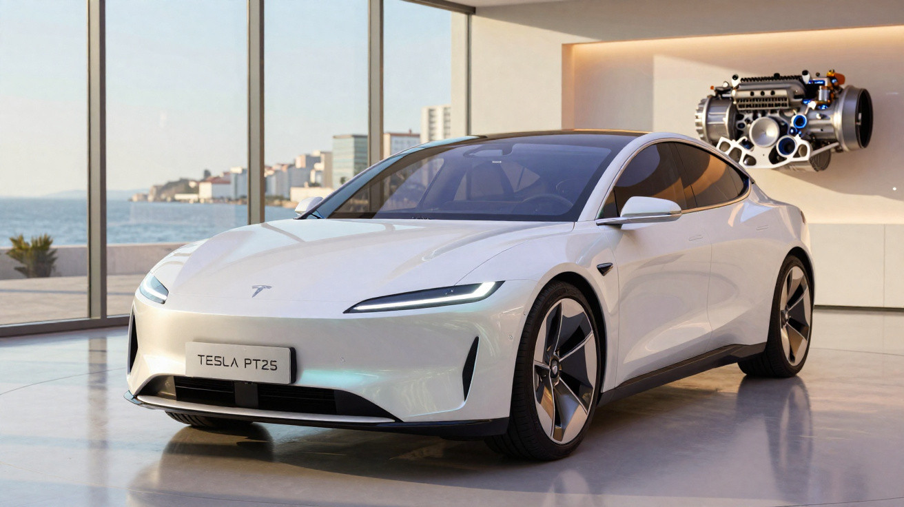Carro elétrico Tesla PT25 branco estacionado em sala moderna com vista para o mar e motor exposto na parede.