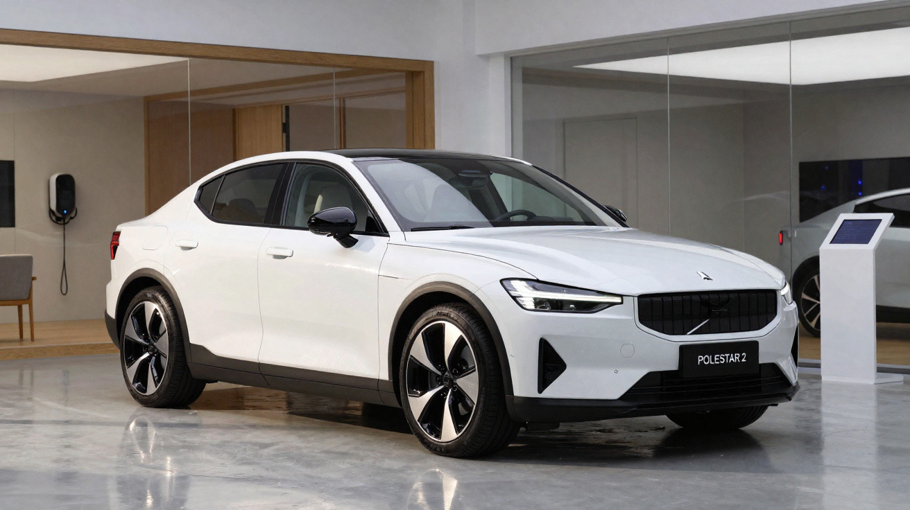 Carro elétrico branco Polestar 2 em showroom moderno com chão cinza e paredes brancas.
