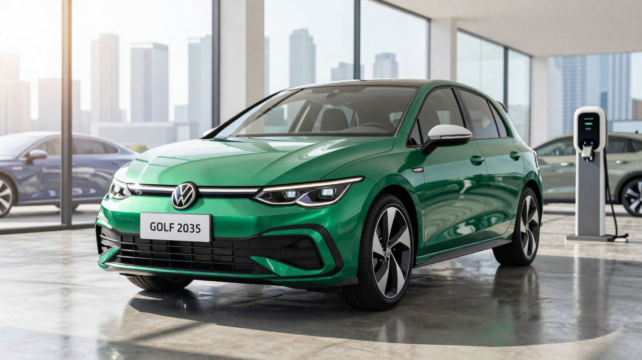 Carro elétrico Volkswagen Golf 2035 verde num showroom moderno com carregador ao lado e vista urbana.